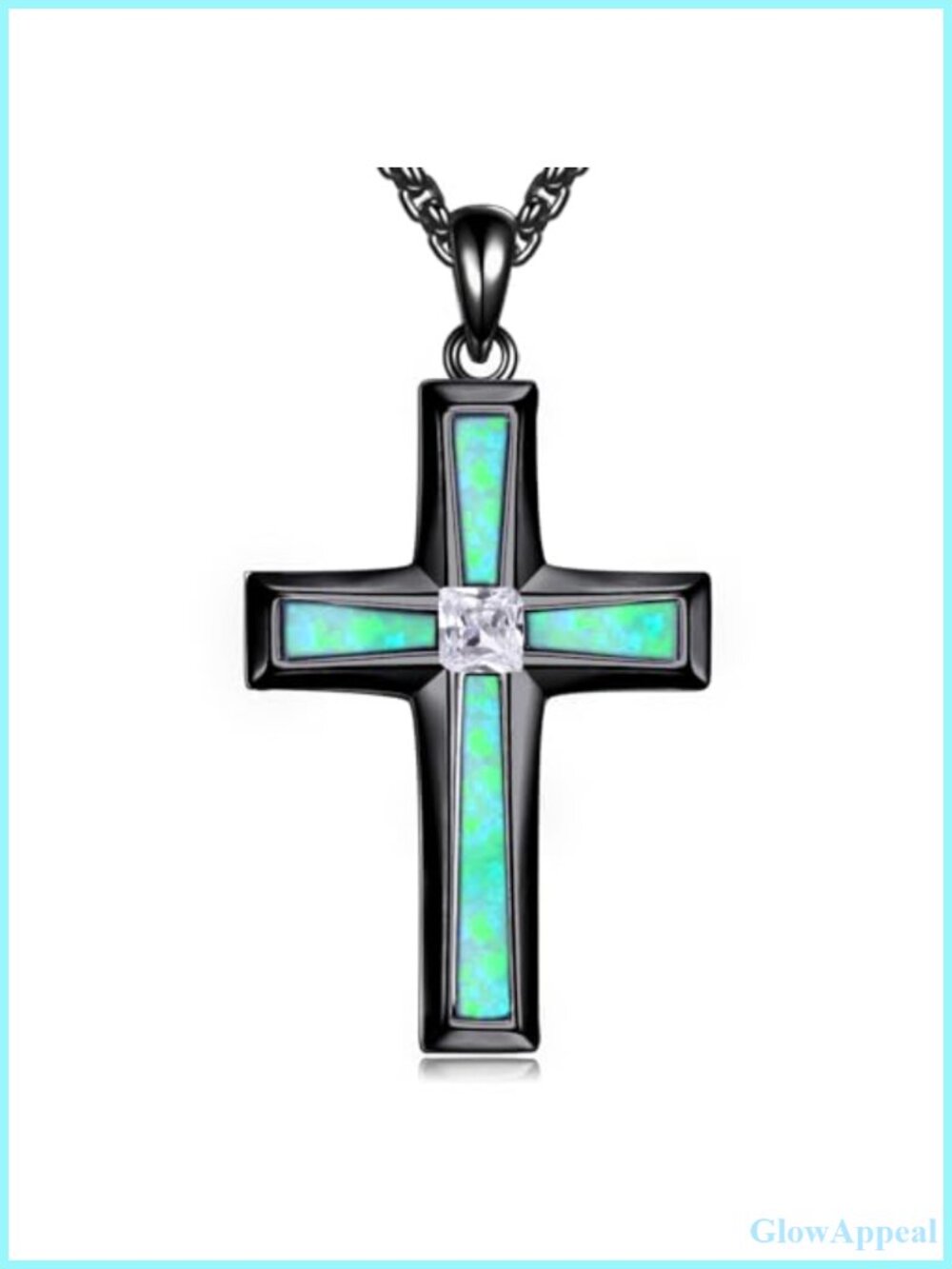Religious Cross Pendant Necklace Sterling Silver Opal Inlay 22in